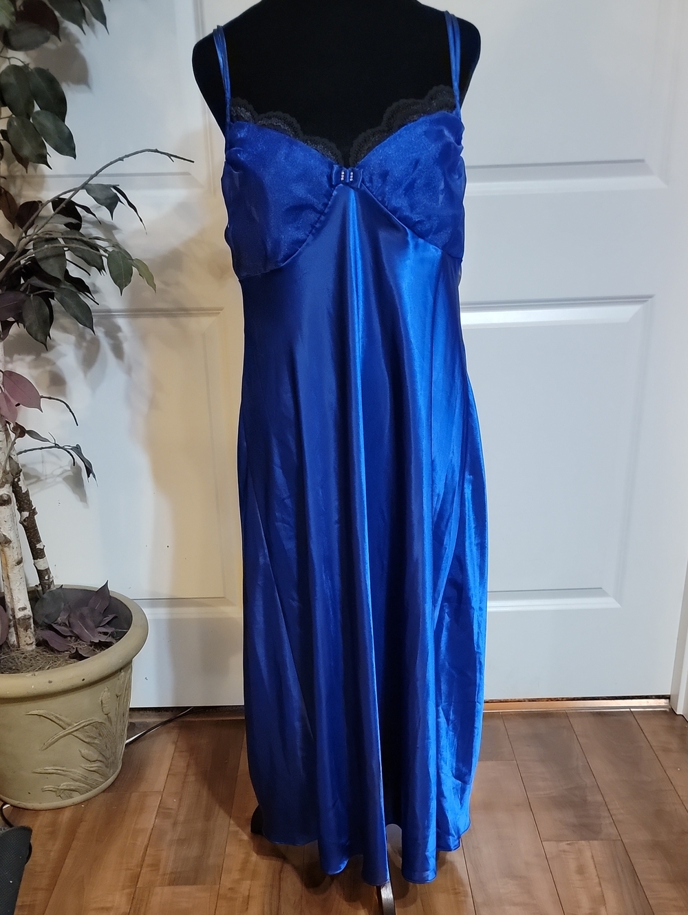(#68) Sears Royal Blue Satin Long Slip with Black Lace Trim